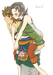 1boy 1girl bad_id bad_pixiv_id barefoot blonde_hair blue_hair blush brown_hair capri_pants carrying green_eyes ilia link nintendo pants the_legend_of_zelda the_legend_of_zelda:_twilight_princess yo_mo
