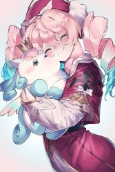 1girl absurdres animal animal_hug aqua_hair commentary_request dress drill_hair hat highres honkai:_star_rail honkai_(series) hyacine_(honkai:_star_rail) little_ica_(honkai:_star_rail) medium_hair multicolored_hair pink_hair red_dress red_hat smile twin_drills twintails two-tone_hair vivo_(vivo_sun_0222)