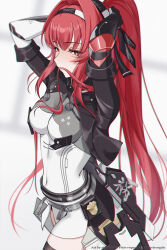 1girl black_jacket blush bodysuit breasts bright_pupils chromatic_aberration commentary_request commission covered_navel cowboy_shot cropped_jacket grey_bodysuit hair_in_own_mouth hair_intakes highres jacket long_hair looking_at_viewer mechanical_arms mechanical_hands medium_breasts partial_commentary pixiv_commission punishing:_gray_raven red_eyes red_hair solo thighs tying_hair uriuritei vera:_garnet_(pgr) vera_(pgr) very_long_hair white_pupils