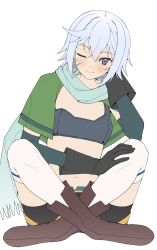 Rule 34 | 1girl, ;), absurdres, ai-nohikari, aqua scarf, bike shorts, bike shorts under shorts, black gloves, boots, brown boots, chris (konosuba), closed mouth, gloves, highres, indian style, kono subarashii sekai ni shukufuku wo!, light blush, looking at viewer, one eye closed, purple eyes, scar, scar on face, scarf, short hair, shorts, simple background, sitting, smile, solo, sports bra, thighhighs, unfinished, white background, white hair, white thighhighs