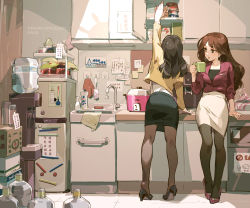 2girls arm_support arm_up bottle box brown_eyes brown_hair brown_legwear commentary_request cup cupboard earrings eyelashes faucet high_heels highres holding holding_cup jacket jewelry kitchen lipstick long_hair long_sleeves makeup multiple_girls office_lady original pantyhose pencil_skirt reaching red_jacket red_lips refrigerator sink skirt three-quarter_sleeves slice_of_life standing taiwan tennohi tiptoes water_cooler