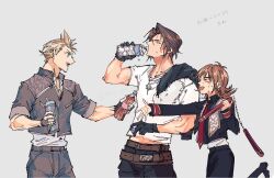 1girl 2boys belt black_gloves black_pants blonde_hair bottle brown_hair chain chain_necklace closed_eyes cropped_jacket drinking final_fantasy final_fantasy_viii gloves grey_background grey_jacket grey_pants hair_between_eyes hair_slicked_back holding holding_bottle holding_nunchaku holding_weapon jacket jacket_over_shoulder jewelry midriff_peek multiple_belts multiple_boys necklace necktie nunchaku open_mouth outstretched_hand over_shoulder pants red_necktie scar scar_on_face scar_on_forehead seed_uniform_(ff8) selphie_tilmitt shio_ga shirt short_sleeves sleeves_rolled_up smile squall_leonhart sweat unworn_jacket upper_body water_bottle weapon weapon_over_shoulder white_shirt zell_dincht