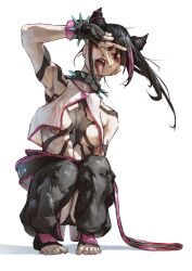 1girl absurdres aegyo_sal ahegao areola_slip belt black_hair bracelet breasts breasts_apart center_opening clothing_cutout drill_hair fingerless_gloves gloves hair_horns half-closed_eyes halterneck han_juri highres jewelry multicolored_hair muscular muscular_female nail_polish neg_(101neg) pants purple_eyes shade shadow short_hair simple_background small_breasts solo spiked_bracelet spikes street_fighter street_fighter_6 thigh_cutout thighs tongue tongue_out white_background