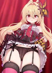 1girl absurdres bare_shoulders black_dress black_panties blonde_hair breasts butterfly_hair_ornament clothes_lift commission dress embarrassed emil_chronicle_online frilled_dress frills garter_straps hair_ornament highres medium_breasts necktie panties pixiv_commission purple_thighhighs raised_inner_eyebrows red_eyes red_necktie shisum skirt skirt_lift spider_web_hair_ornament split_ponytail striped_clothes striped_thighhighs tarantula_alma thighhighs underwear