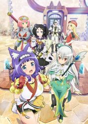 Rule 34 | 2boys, 4girls, :&gt;, \n/, absurdres, animal ears, arm up, armor, armored dress, arms up, artist request, bell, beret, bike shorts, black dress, black hair, blonde hair, blue eyes, blunt bangs, bow, bow (weapon), breastplate, breasts, building, cleavage, clenched hands, closed mouth, collar, collarbone, crystal, dagger, dougi, dress, everyone, floor, forehead protector, futoku no guild, gloom (expression), gloves, green dress, green eyes, green hair, hair ornament, hairband, hanabata nohkins, hand on own hip, hat, highres, hitamu kyan, holding, holding staff, huge weapon, jingle bell, jitome, karate gi, kikuru madan, knife, large breasts, long hair, looking at viewer, mage staff, maidena angers, medium hair, multicolored hair, multiple boys, multiple girls, noma rune, nurse cap, official art, open mouth, over shoulder, pants, parted lips, pink hair, pinky out, pointy ears, puffy sleeves, purple collar, purple hair, quiver, rapier, red shirt, sash, shaded face, shirt, short hair, shoulder armor, skull, smile, staff, sword, sword over shoulder, thighhighs, tokishikko dana, trap, twintails, two-tone dress, two-tone hair, wavy hair, weapon, weapon over shoulder, white hair, white pants, white shirt, worried, yellow eyes