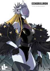 1girl absurdres alternate_color bare_shoulders black_coat black_gloves black_leotard blonde_hair breasts cendrillmon character_name coat colored_skin covered_eyes cowboy_shot digimon digimon_(creature) fur_coat gloves grey_skin hand_on_own_hip helmet helmet_over_eyes highres jiyuuya leotard long_hair simple_background small_breasts solo white_background