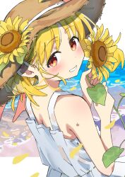 1girl alternate_hair_length alternate_hairstyle bare_arms bare_shoulders blonde_hair blush bocchi_the_rock! brown_hat commentary dress flower grin hat highres holding holding_flower ijichi_nijika looking_at_viewer red_eyes shinshin_(ssnsn_oekaki) short_hair sleeveless sleeveless_dress smile solo sun_hat sundress sunflower upper_body white_dress yellow_flower