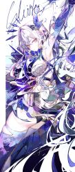 1girl arm_up armpits ass breasts character_name cocoballking dress genshin_impact hair_ornament highres large_breasts long_hair looking_at_viewer looking_back outstretched_arm purple_eyes purple_hands purple_thighhighs skirk_(genshin_impact) solo thighhighs very_long_hair white_dress white_hair