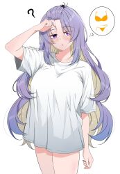 1girl ? alternate_costume bikini breasts cowboy_shot highres hololive hololive_indonesia horisu_(kholiskun) large_breasts moona_hoshinova oversized_clothes oversized_shirt shirt solo speech_bubble swimsuit thought_bubble virtual_youtuber white_background white_shirt