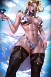 1girl absurdres blonde_hair blue_eyes blue_lips blue_nails breasts cup earrings emma_frost emma_frost_(x-revolution) highres jewelry large_breasts lipstick logan_cure long_hair looking_at_viewer makeup marvel marvel_rivals short_hair solo swimsuit thick_thighs thighs water x-men