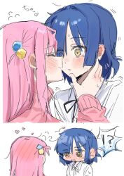 !? 2girls blue_hair blush bocchi_the_rock! closed_eyes closed_mouth collared_shirt commentary cube_hair_ornament ear_blush gotoh_hitori hair_ornament jacket kiss long_hair looking_at_another mole mole_under_eye multiple_girls natari_(r161koevytjqxo) pink_hair pink_jacket shirt short_hair simple_background spoken_interrobang track_jacket white_background white_shirt yamada_ryo yellow_eyes yuri