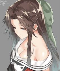 10s 1girl bare_shoulders blush bow breasts brown_eyes brown_hair cleavage closed_mouth collarbone female_focus green_bow grey_background hair_bow half-closed_eyes half_updo isshiki_(ffmania7) jintsuu_(kancolle) kantai_collection long_hair looking_to_the_side medium_breasts neckerchief off_shoulder parted_bangs sailor_collar shiny_skin shirt shirt_slip sidelocks simple_background sleeveless sleeveless_shirt smile solo twitter_username