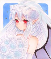 Rule 34 | 1girl, alternate costume, artist name, bat wings, blue flower, blue rose, blush, bouquet, bridal veil, closed mouth, commentary request, elbow gloves, flower, gloves, hair flower, hair ornament, heart, highres, holding, holding bouquet, looking at viewer, marker (medium), pointy ears, red eyes, remilia scarlet, rose, smile, solo, touhou, traditional media, veil, white gloves, white hair, white veil, wings, yuuki hana (jtnp5334)