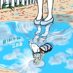 1girl absurdres bag blonde_hair blue_shoes cloud commentary_request day dress duffel_bag fence hat highres hiyokko2min holding_strap lillie_(pokemon) long_hair nintendo outdoors pigeon-toed poke_ball_print pokemon pokemon_sm puddle reflection ripples shoes signature sky socks standing sun_hat water white_dress white_hat white_socks