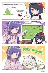 &gt;_&lt; 3girls 3koma absurdres bird_mask blush brown_eyes closed_mouth comic commentary_request english_text engrish_text expressionless flower genshin_impact gradient_hair green_hair hair_between_eyes hair_flower hair_ornament headphones highres kevinlim39 kujou_sara long_hair long_sleeves looking_at_viewer mask mask_on_head mole mole_under_eye monitor multicolored_hair multiple_girls nahida_(genshin_impact) open_mouth pointy_ears purple_eyes purple_hair raiden_shogun raiden_shogun_(2nd_anniversary) ranguage short_hair sidelocks speech_bubble sweatdrop thumbs_up white_hair