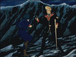 1980s_(style) animated animated_gif blonde_hair blue_hair boots crutch fighting gun gundam jerid_messa kamille_bidan kicking lowres military military_uniform mountain oldschool retro_artstyle sky weapon zeta_gundam
