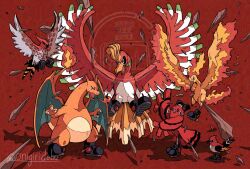 bird charizard debudebumetabo dragon fletchinder full_body gameplay_mechanics gen_1_pokemon gen_2_pokemon gen_6_pokemon heavy-duty_boots_(pokemon) ho-oh legendary_pokemon looking_at_viewer moltres multiple_others nintendo no_humans oricorio oricorio_(baile) pokemon pokemon_(creature) pokemon_focus power_connection pun red_background signature standing stealth_rock_(pokemon) tail talonflame teamwork trait_connection twitter_username wings