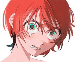 1girl amate_yuzuriha angry aqua_eyes blush clenched_teeth crying gundam gundam_gquuuuuux kamonekm looking_at_viewer portrait red_hair simple_background solo tears teeth white_background wide-eyed