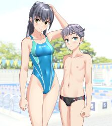 1boy 1girl absurdres age_difference androgynous aqua_one-piece_swimsuit black_hair black_male_swimwear blue_eyes breasts brown_eyes bulge commentary_request competition_swimsuit covered_navel erection erection_under_clothes grey_hair height_difference highleg highleg_one-piece_swimsuit highres long_hair male_swimwear medium_breasts multicolored_swimsuit one-piece_swimsuit onee-shota original outdoors ponytail pool string_of_flags swim_briefs swimsuit takafumi variant_set