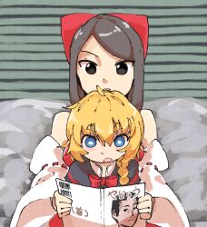 2girls black_capelet blonde_hair blue_eyes blush_stickers bow bowtie braid bright_pupils brown_hair capelet commentary_request cookie_(touhou) detached_sleeves hair_bow hakurei_reimu kirisame_marisa leftame long_hair manatsu_no_yo_no_inmu meguru_(cookie) meme multiple_girls open_mouth red_bow red_bowtie ribbon-trimmed_sleeves ribbon_trim shiromiya_rei short_hair side_braid single_braid sitting sitting_on_lap sitting_on_person swept_bangs touhou translation_request upper_body white_pupils yajuu_senpai yjsnpi_interview_(meme)