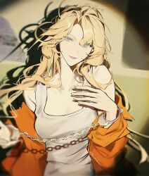 1girl animal_ears arknights black_hairband blonde_hair blue_eyes breasts cleavage collarbone commentary corrupted_twitter_file cuffs curtained_hair dog_ears dog_girl earrings hair_ornament hairband handcuffs highres indoors jacket jewelry joshua_(shisanli934) kristen_(arknights) long_hair looking_at_viewer medium_breasts off_shoulder orange_jacket parted_lips prison_clothes shirt solo spotlight symbol-only_commentary tank_top white_shirt