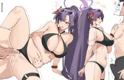 1boy 1girl absurdres bikini black_bikini blue_archive bulge doodle_sensei_(blue_archive) eyeshadow eyewear_on_head fang halo hetero highres makeup o-ring o-ring_bikini official_alternate_costume official_alternate_hairstyle pinepin pink-framed_eyewear purple_halo red_eyeshadow sensei_(blue_archive) sex skin_fang swimsuit yukari_(blue_archive) yukari_(swimsuit)_(blue_archive)