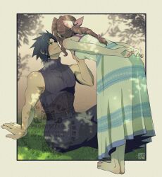 Rule 34 | 1boy, 1girl, aerith gainsborough, arm support, baggy pants, bare arms, bare shoulders, barefoot, bent over, black hair, blue eyes, blush, braid, braided ponytail, brown hair, closed mouth, commentary request, couple, crisis core final fantasy vii, dappled sunlight, dress, feet, final fantasy, final fantasy vii, full body, grass, hair ribbon, highres, long hair, looking at another, outside border, pants, pink ribbon, ponytail, ribbed sweater, ribbon, shikiwo, shoulder blush, sitting, sleeveless, sleeveless dress, sleeveless turtleneck, spiked hair, sunlight, sweater, turtleneck, turtleneck sweater, zack fair