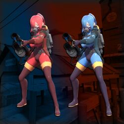 Rule 34 | 2girls, black footwear, black gloves, blender (medium), blu pyro (tf2), blue bodysuit, blue eyes, blue hair, bodysuit, boots, breasts, commentary, commission, english commentary, flamethrower, full body, gas mask, genderswap, genderswap (otf), gloves, hair over one eye, highres, holding, holding flamethrower, holding weapon, jacket, large breasts, latex, latex gloves, long hair, long sleeves, looking at viewer, mask, multiple girls, ponytail, pyro (tf2), red bodysuit, red eyes, red hair, red jacket, red pyro (tf2), standing, team fortress 2, tedwin66, thigh boots, weapon, zipper