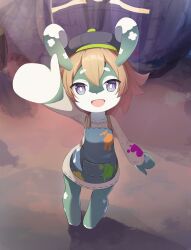 1girl :d absurdres apron bitseon blue_apron blue_hat blush brown_dress child collarbone dress full_body furry furry_female genshin_impact hair_between_eyes happy hat highres horns looking_at_viewer mamere_(genshin_impact) melusine_(genshin_impact) open_mouth orange_hair paint_splatter short_dress short_hair smile solo standing waving