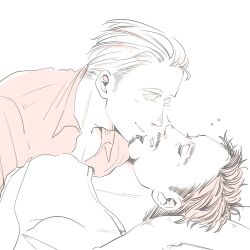 Rule 34 | 2boys, avengers (series), blanket, blush, closed eyes, closed mouth, collared shirt, commentary request, facial hair, greyscale, imminent kiss, lying, male focus, marvel, marvel cinematic universe, monochrome, multiple boys, my 3rd, on back, on bed, open mouth, pillow, shirt, short hair, simple background, sleeping, smile, steve rogers, t-shirt, tony stark, yaoi