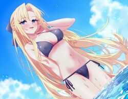 1girl arbiter1 arm_behind_back azur_lane bikini black_bikini black_bow blonde_hair blue_eyes blush bow breasts hair_bow highres large_breasts long_hair looking_at_viewer mixed-language_commentary navel ocean open_mouth outdoors side-tie_bikini_bottom smile solo swimsuit vanguard_(azur_lane) very_long_hair wading