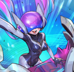 1girl :d arm_up black_bodysuit blush bodysuit breasts dj_sona green_hair grey_bodysuit large_breasts league_of_legends long_hair multicolored_background multicolored_bodysuit official_alternate_costume open_mouth phantom_ix_row pink_hair shiny_clothes smile solo sona_(league_of_legends) teeth tongue twintails