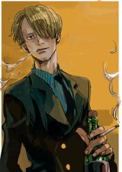 Rule 34 | 1boy, bad id, bad twitter id, black necktie, blonde hair, blue shirt, bottle, cigarette, curly eyebrows, edolove, facial hair, goatee, hair over one eye, highres, holding, holding bottle, holding cigarette, looking at viewer, male focus, necktie, one piece, sanji (one piece), shirt, short hair, smoke, solo, striped clothes, striped shirt, vertical-striped clothes, vertical-striped shirt