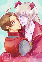 Rule 34 | 2boys, aqua background, armor, azbar (dragon quest), blonde hair, blue eyes, blush, brown eyes, brown hair, cape, chainmail, collarbone, colored eyelashes, colored skin, commentary request, couple, demon boy, dragon quest, dragon quest x, hero (dq10), horns, hug, long hair, looking at another, looking at viewer, male focus, multiple boys, parted hair, pointy ears, purple skin, red cape, red horns, red tunic, short hair, tunic, upper body, yaoi, yoshi56