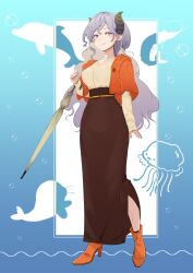 Rule 34 | 1girl, absurdres, ankle boots, blue background, blush, boots, breasts, brown horns, brown skirt, bubble, capelet, closed mouth, collarbone, commentary request, demon horns, dolphin, earrings, eyelashes, full body, gold belt, gradient background, grey umbrella, hair behind ear, hand up, heart, heart earrings, high-waist skirt, high heel boots, high heels, highres, honey strap, horns, jellyfish, jewelry, large breasts, long hair, long skirt, looking at viewer, mole, mole under mouth, nanashi inc., no tail, orange boots, orange capelet, pencil skirt, pointy ears, purple eyes, purple hair, saionji mary, sankyo (821-scoville), seal (animal), shrimp, silhouette, skirt, sleeves past wrists, smile, solo, sweater, sweater tucked in, umbrella on arm, very long hair, virtual youtuber, white background, white sweater