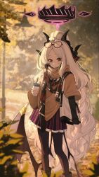 1girl absurdres bag black_pantyhose black_scarf blue_archive blue_cat_(bilibili_3714474) blurry blurry_background blurry_foreground boots brown_boots closed_mouth cup demon_girl demon_horns demon_wings depth_of_field disposable_coffee_cup disposable_cup drinking_straw eyewear_on_head feet_out_of_frame halo hand_up highres hina_(blue_archive) holding holding_cup horns long_hair looking_at_viewer miniskirt missing_commentary outdoors pantyhose pink_halo pleated_skirt purple-framed_eyewear purple_eyes purple_skirt scarf shoulder_bag skirt smile solo very_long_hair white_bag white_hair wings