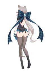 1girl anal anal_object_insertion anal_tail animal_ears ass black_bow black_footwear black_gloves blonde_hair bow brown_pantyhose butt_plug cat_ears clothes_lift clothes_pull facing_away fake_tail from_behind gem genshin_impact gloves green_skirt hair_bow highres large_bow long_sleeves lynette_(genshin_impact) object_insertion pantyhose pantyhose_pull plaid_bow pleated_skirt ponytail sando_(dukedevil) sex_toy simple_background skirt skirt_lift solo standing tail white_background white_gloves