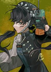 Rule 34 | 1girl, beret, black dress, black gloves, black hair, black hat, cellphone, chin strap, dress, floating hair, gloves, green background, green eyes, hand up, hat, highres, holding, holding phone, liang yue (reverse:1999), long hair, looking at viewer, low twintails, meltingpurin, phone, police, police uniform, policewoman, profile, reverse:1999, side cape, solo, twintails, upper body, waist cape