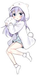1girl angora_rabbit animal animal_hood bad_id bad_pixiv_id blue_eyes blue_hair blush character_hood fake_tail female_focus full_body gochuumon_wa_usagi_desu_ka? hair_between_eyes hair_ornament hairclip holding holding_animal hood hoodie kafuu_chino kurut kurutsu long_hair long_sleeves looking_at_viewer matching_hair/eyes open_mouth pajamas rabbit rabbit_hood rabbit_tail shorts simple_background socks solo tail tippy_(gochiusa) tippy_(gochuumon_wa_usagi_desuka?) white_background white_socks x_hair_ornament