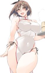1girl atelier_(series) atelier_ryza atelier_ryza_1 bamboo_steamer bare_shoulders black_ribbon blush breasts brown_eyes brown_hair china_dress chinese_clothes cleavage cleavage_cutout clothing_cutout covered_navel dress hair_ribbon highres large_breasts looking_at_viewer open_mouth pelvic_curtain red_trim reisalin_stout ribbon short_hair side_slit smile solo thick_thighs thighs tray white_dress zekkyon