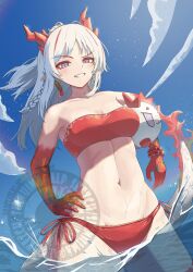 1girl arknights bare_shoulders bead_bracelet beads bikini blue_sky bracelet braid breasts cleavage cloud cloudy_sky collarbone colored_extremities commentary cowboy_shot day dragon_bubble_(arknights) dragon_girl dragon_horns dragon_tail earrings floating_hair grin groin hand_on_own_hip highres horns jewelry long_hair looking_at_viewer medium_breasts navel nian_(arknights) outdoors partially_underwater_shot pointy_ears purple_eyes red_bikini red_scales red_tube_top shinhima side-tie sidelocks signature sky smile smug solo standing stomach strapless swimsuit tail teeth tube_top twin_braids water watermark white_hair