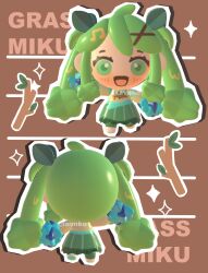 1girl 3d absurdres blush chibi chibi_only grass_miku_(project_voltage) green_eyes green_hair hair_ornament hatsune_miku highres lavy_(lavnko) leaf_hair_ornament long_hair nintendo open_mouth outline pokemon project_voltage twig twintails very_long_hair vocaloid white_outline