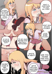 1girl 2boys age_difference arms_behind_back artist_name black_socks blonde_hair blue_eyes blush bound bound_ankles bound_arms bound_legs bound_wrists breasts censored chain clothed_female_nude_male crying crying_with_eyes_open cuffs cum cum_in_mouth cum_in_pussy cum_on_body cum_on_clothes cum_overflow cumdrip doggystyle double_penetration empty_eyes english_text eyebrows facial facing_viewer fellatio from_side girl_on_top gradient_background half-closed_eyes hand_on_another&#039;s_head held_up hetero highres inkhaiku kneehighs leg_grab long_hair long_sleeves mosaic_censoring multiple_boys nanamori_school_uniform no_panties no_shoes nude open_mouth oral penis pussy rape restrained rolling_eyes school_uniform sex sex_from_behind simple_background small_breasts socks soles solo_focus spitroast tears teeth testicles toes tongue tongue_out torso_grab toshinou_kyouko twitter_username upper_teeth_only vaginal veins veiny_penis watermark web_address yuru_yuri