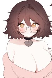 1girl blush breasts brown_eyes brown_hair choker cleavage closed_mouth collarbone commentary glasses heart heart-shaped_pupils heart_choker highres large_breasts looking_at_viewer medium_hair off_shoulder original round_eyewear simple_background sky_above_me smile solo symbol-shaped_pupils white_background