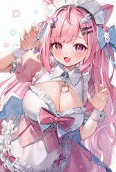 1girl :d animal_ear_fluff animal_ears apron arm_up blue_bow bow breasts cat_ears chyoling claw_pose cleavage commentary dress fish_hair_ornament frilled_apron frills hair_bow hair_ornament hand_up heart heart_hair_ornament highres indie_virtual_youtuber large_breasts long_hair looking_at_viewer maid_headdress open_mouth pink_dress pink_hair puffy_short_sleeves puffy_sleeves purple_eyes short_sleeves simple_background smile solo two_side_up very_long_hair virtual_youtuber white_apron white_background wing_hair_ornament yuuki_sakuna