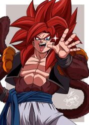 1boy abs absurdres blue_sash body_fur dragon_ball dragon_ball_gt gogeta highres long_hair looking_at_viewer male_focus metamoran_vest monkey_boy monkey_tail muscular muscular_male open_mouth pants pectorals red_fur red_hair sash simple_background solo spiked_hair super_saiyan super_saiyan_4 tail teeth yuuri_(fukuroudou)