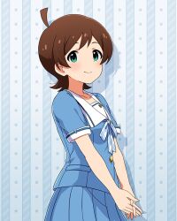1girl ahoge aqua_background aqua_ribbon aqua_shirt aqua_skirt blush breasts brown_hair closed_mouth collarbone cowboy_shot drop_shadow green_eyes idolmaster idolmaster_million_live! idolmaster_million_live!_theater_days kinoshita_hinata looking_at_viewer official_art pleated_skirt ribbon sailor_collar shirt short_hair skirt small_breasts smile solo star_(symbol) summer_junior_highscool_(idolmaster) white_sailor_collar