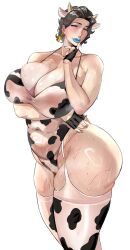 1girl animal_ears animal_print arm_under_breasts black_hair blush breasts cleavage collarbone covered_erect_nipples covered_navel cow_ears cow_horns cow_print earrings fingerless_gloves gloves highres horns huge_breasts jewelry lipstick looking_at_viewer lukk36651907 makeup mature_female mole mole_under_eye see-through_clothes short_hair simple_background solo sweat thick_thighs thighhighs thighs wet white_background white_thighhighs