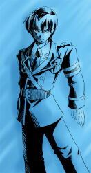 1boy armband belt belt_buckle blue_background blue_theme buckle closed_mouth collared_jacket collared_shirt determined dress_pants feet_out_of_frame frown fuyuzato_seia hair_between_eyes hoshi_wo_miru_hito jacket lapels long_sleeves looking_at_viewer male_focus military_uniform minami_(hoshi_wo_miru_hito) monochrome necktie notched_lapels shadow shirt short_hair simple_background sleeve_cuffs solo standing thick_eyebrows v-shaped_eyebrows