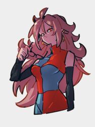 Rule 34 | 1girl, android 21, black sleeves, breasts, brown hair, checkered clothes, checkered dress, closed mouth, detached sleeves, dragon ball, dragon ball fighterz, dress, earrings, glasses, grey background, holding, holding removed eyewear, hoop earrings, jewelry, kemachiku, long hair, looking at viewer, medium breasts, red eyes, red hair, simple background, solo, two-tone dress, unworn eyewear